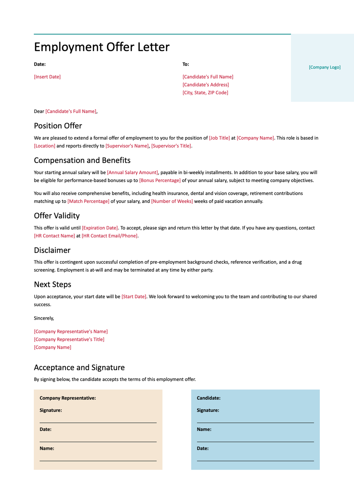 Professional job offer letter template with acceptance signature sections_variant_3